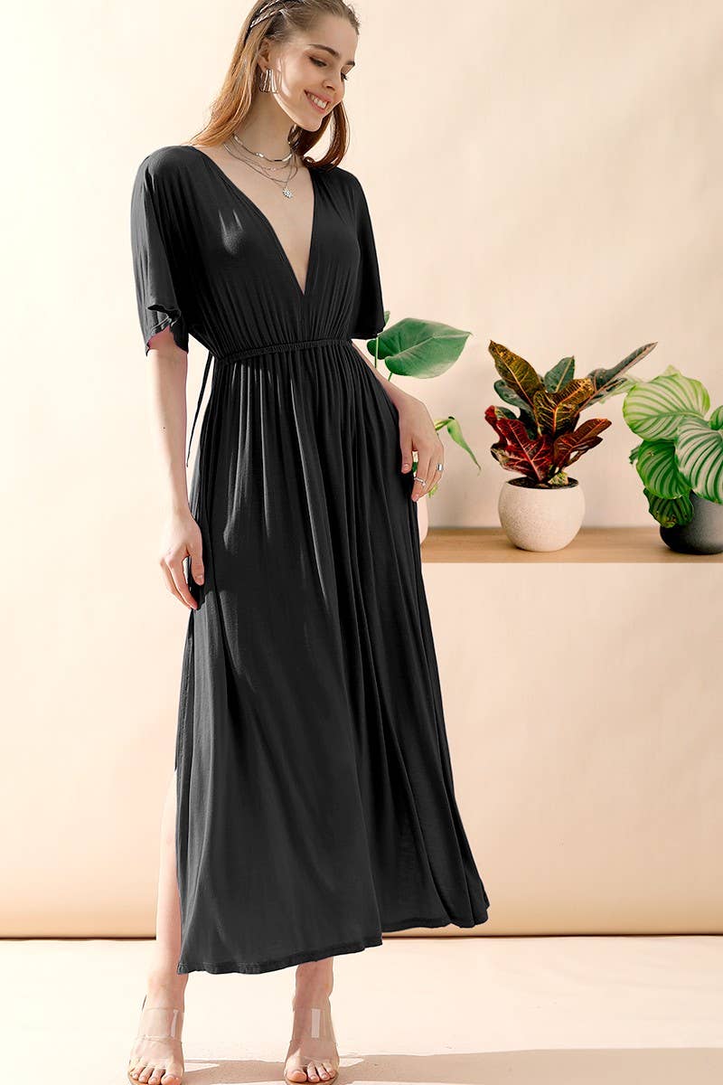 CWDMD825_V NECK BACK BOW TIE EMPIRE MAXI DRESS