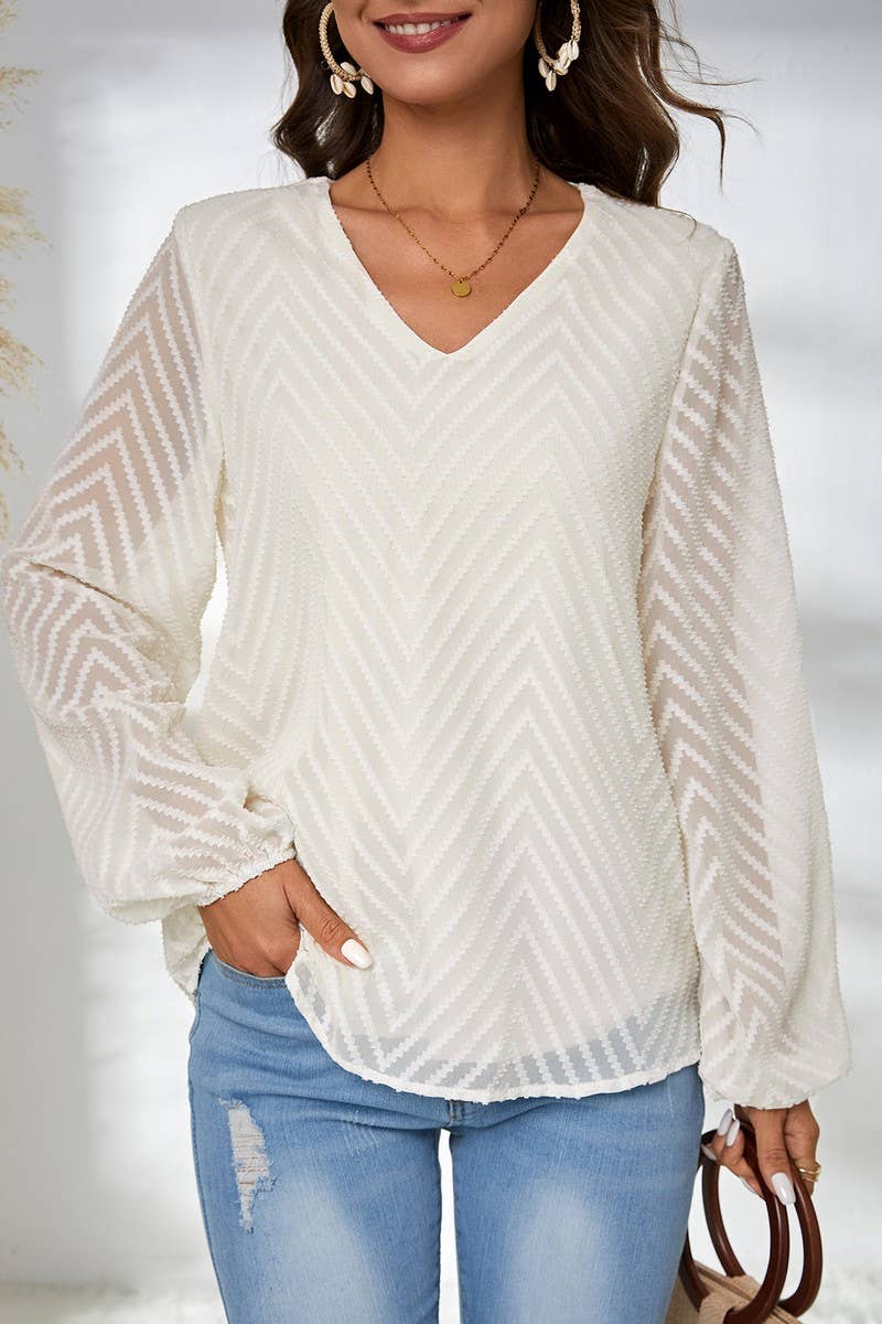 CWTBLL3848_SEMI-SHEER LONG SLEEVE JACQUARD PULLOVER SHIRT
