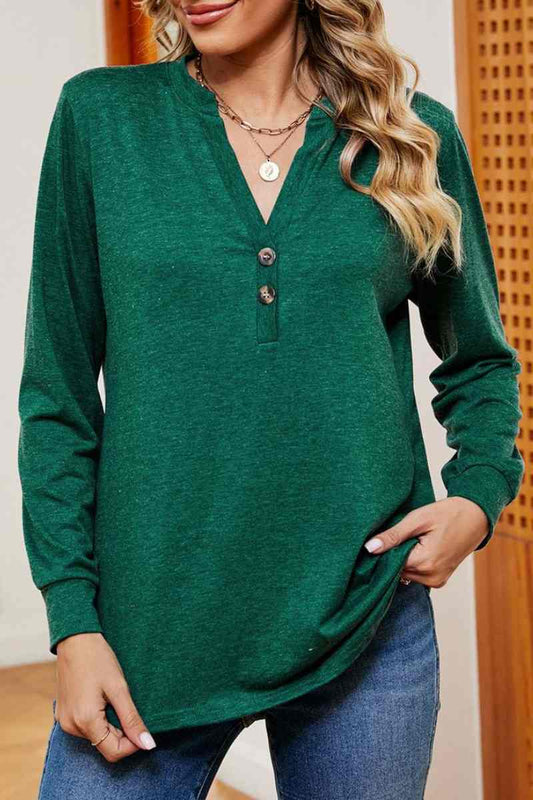 CWTBLL2834_V-NECK BUTTON-UP LONG-SLEEVED BAGGY TOP