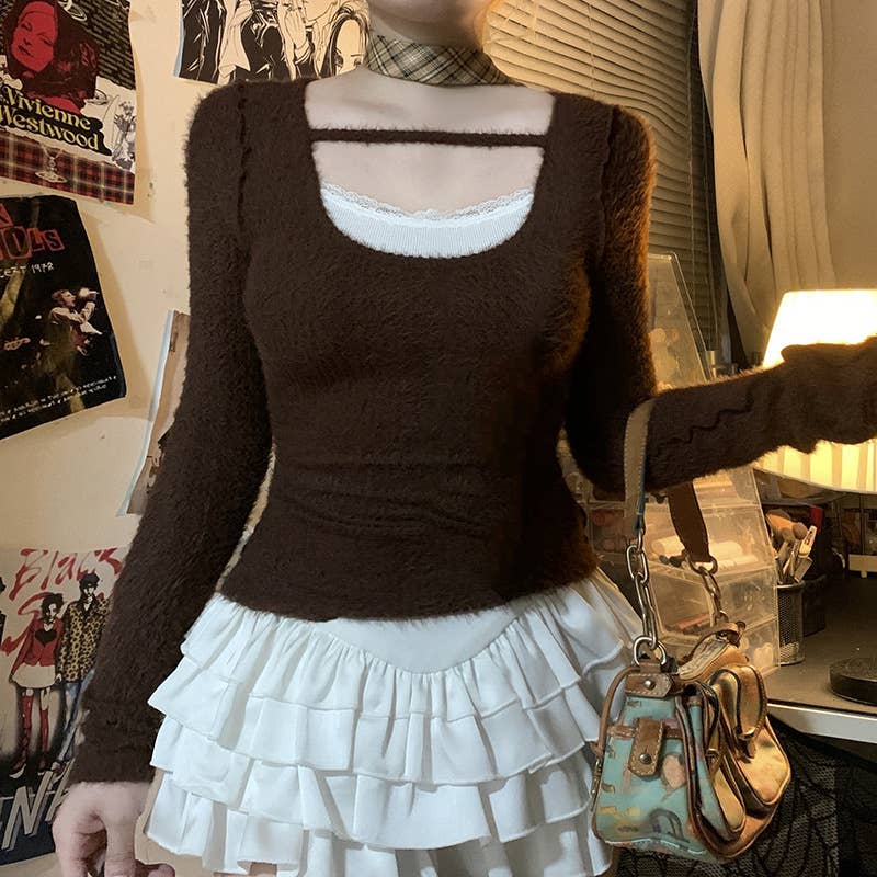 CREW-NECK COLOR MATCHING FAKE TWO KNITTED BOTTOMS