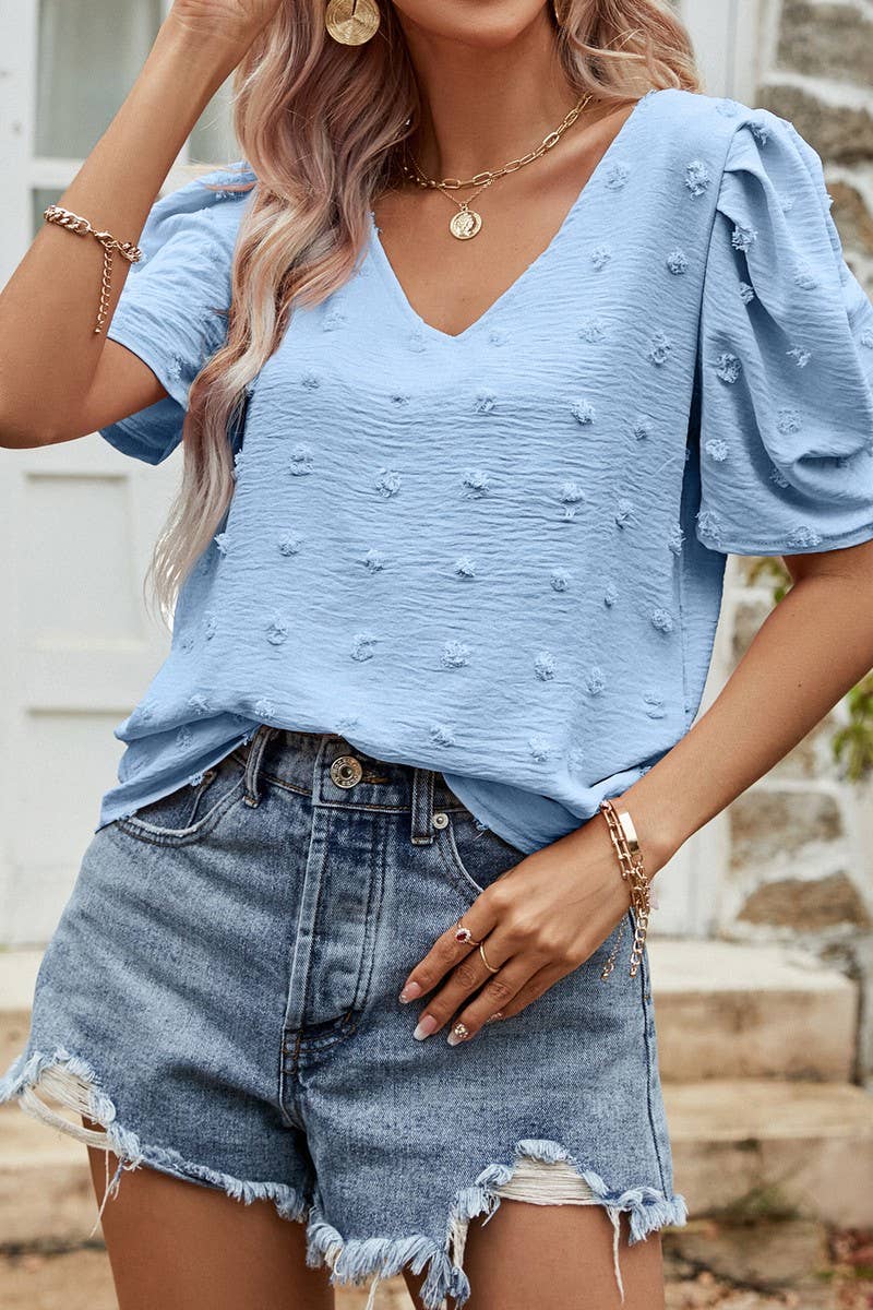 CWTBLS0358_V-Neck Short Puff Sleeve Blouse