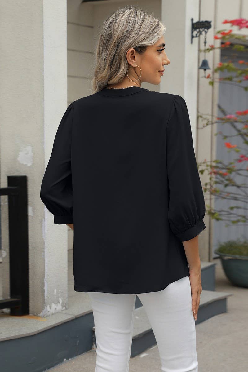 CWTBLL3673_KEYHOLE V NECK 3/4 SLEEVE LOOSE CHIFFON TOP