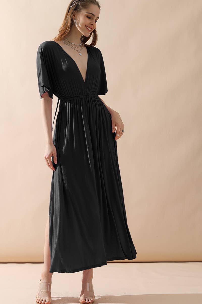 CWDMD825_V NECK BACK BOW TIE EMPIRE MAXI DRESS