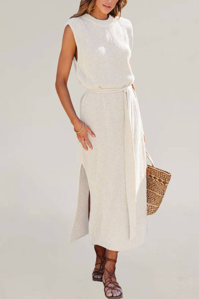 CWDMD2089_CREW NECK SLEEVELESS LACE-UP DRESS WITH SLIT