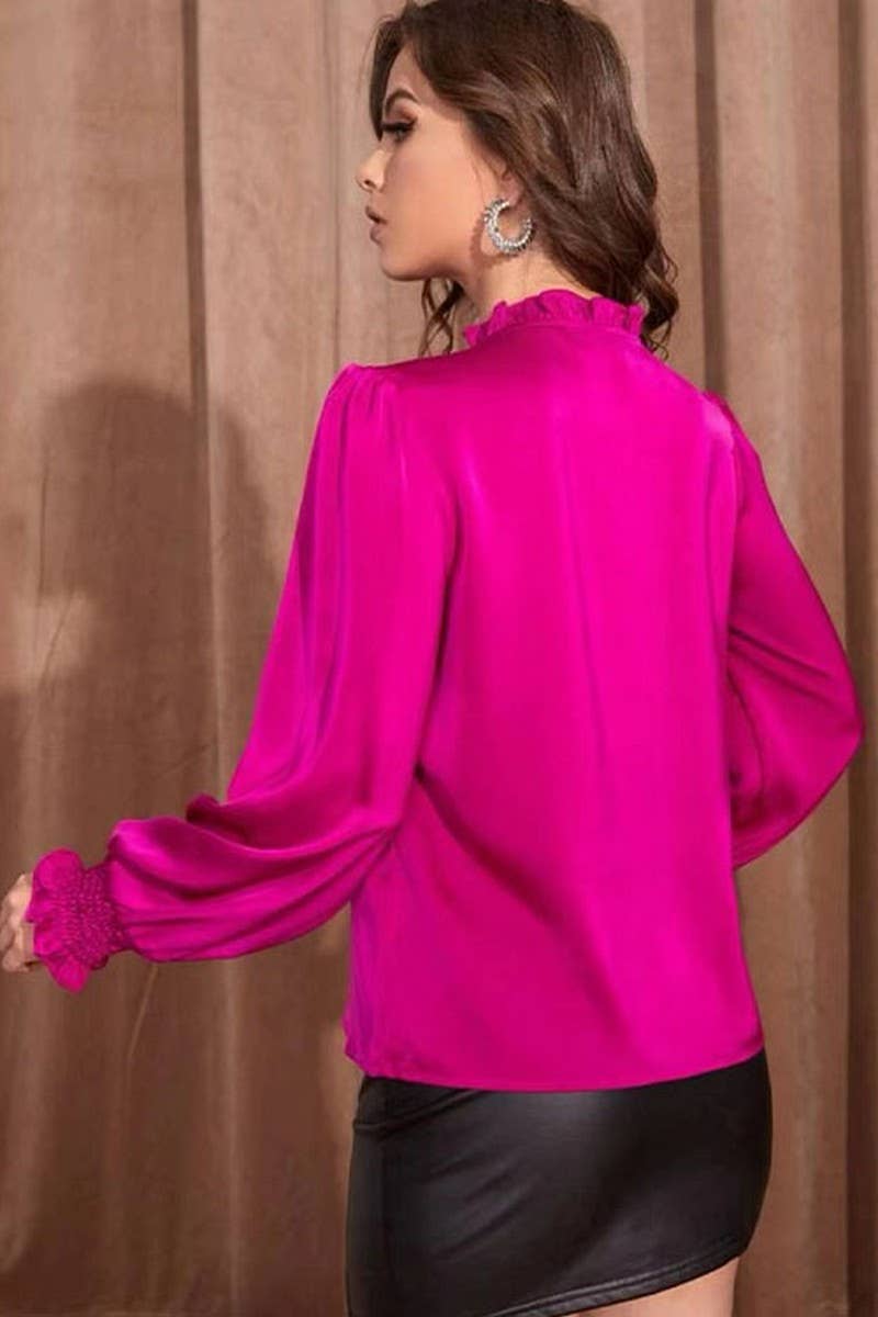 CWTBLL3858_SOLID COLOR ROUND NECK SLEEVE TIE WAIST SATIN TOP