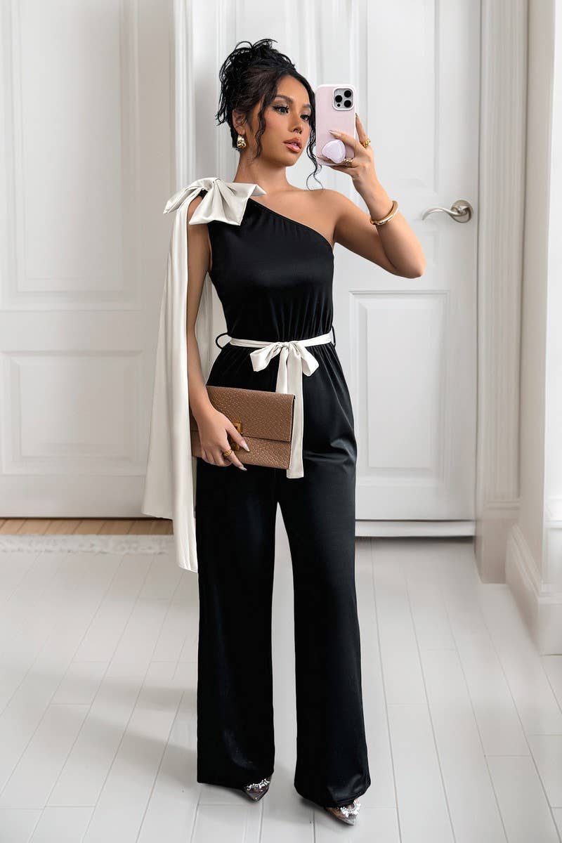 CWSJS1685_BLACK AND WHITE ONE SHOULDER BOW JUMPSUIT