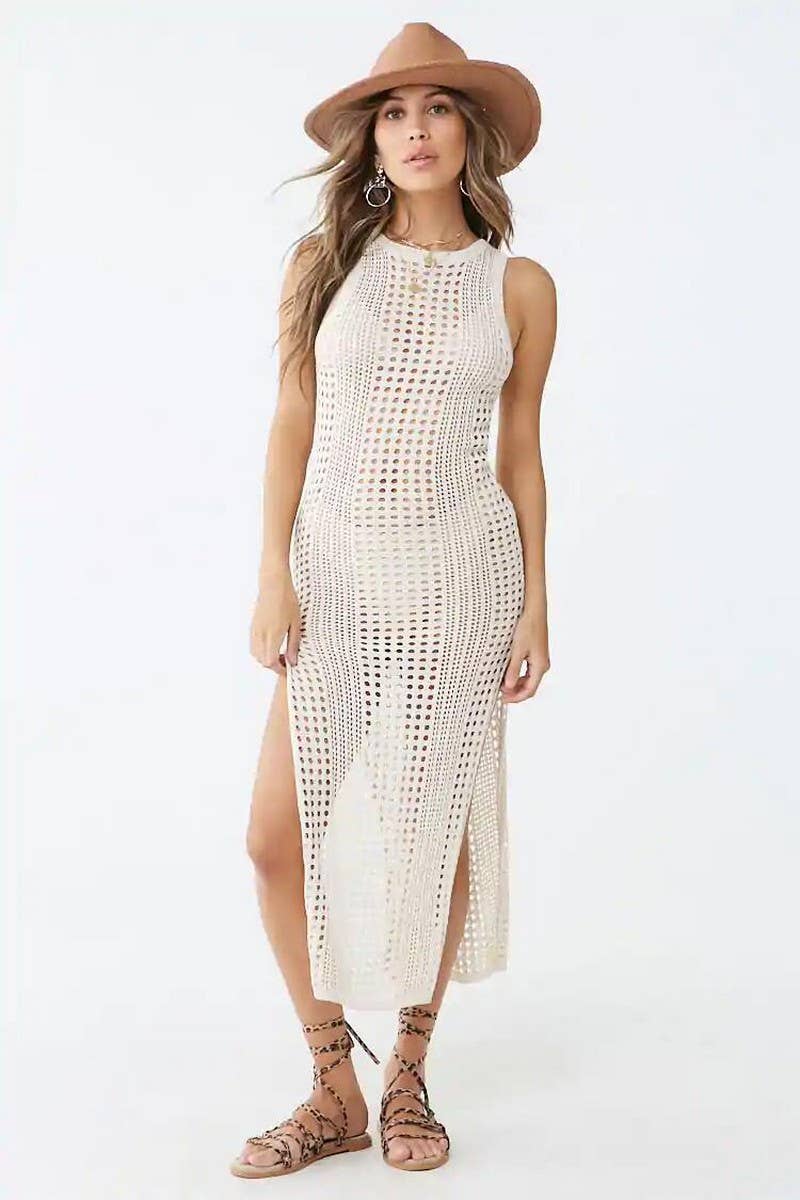 CWDMD4732_LOOSE SOLID BEACH HOLLOW KNIT COVER-UP DRESS