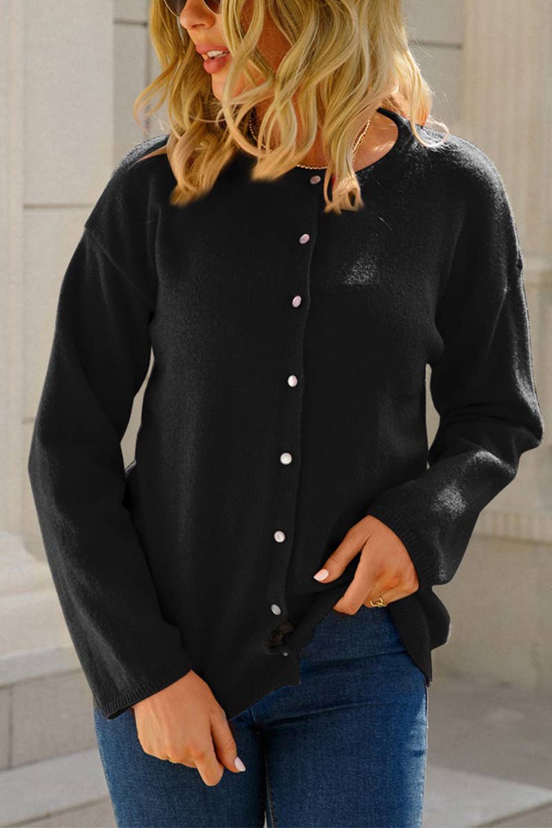 CREW-NECK STYLE BUTTON-KNIT SOLID COLOR CARDIGAN