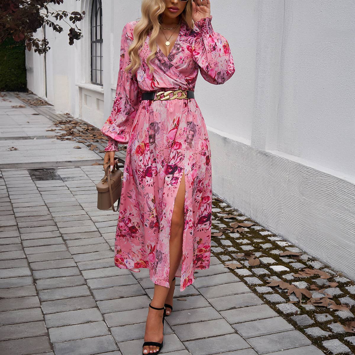 ELEGANT V-NECK HIGH-WAISTED PRINTED DRESS
