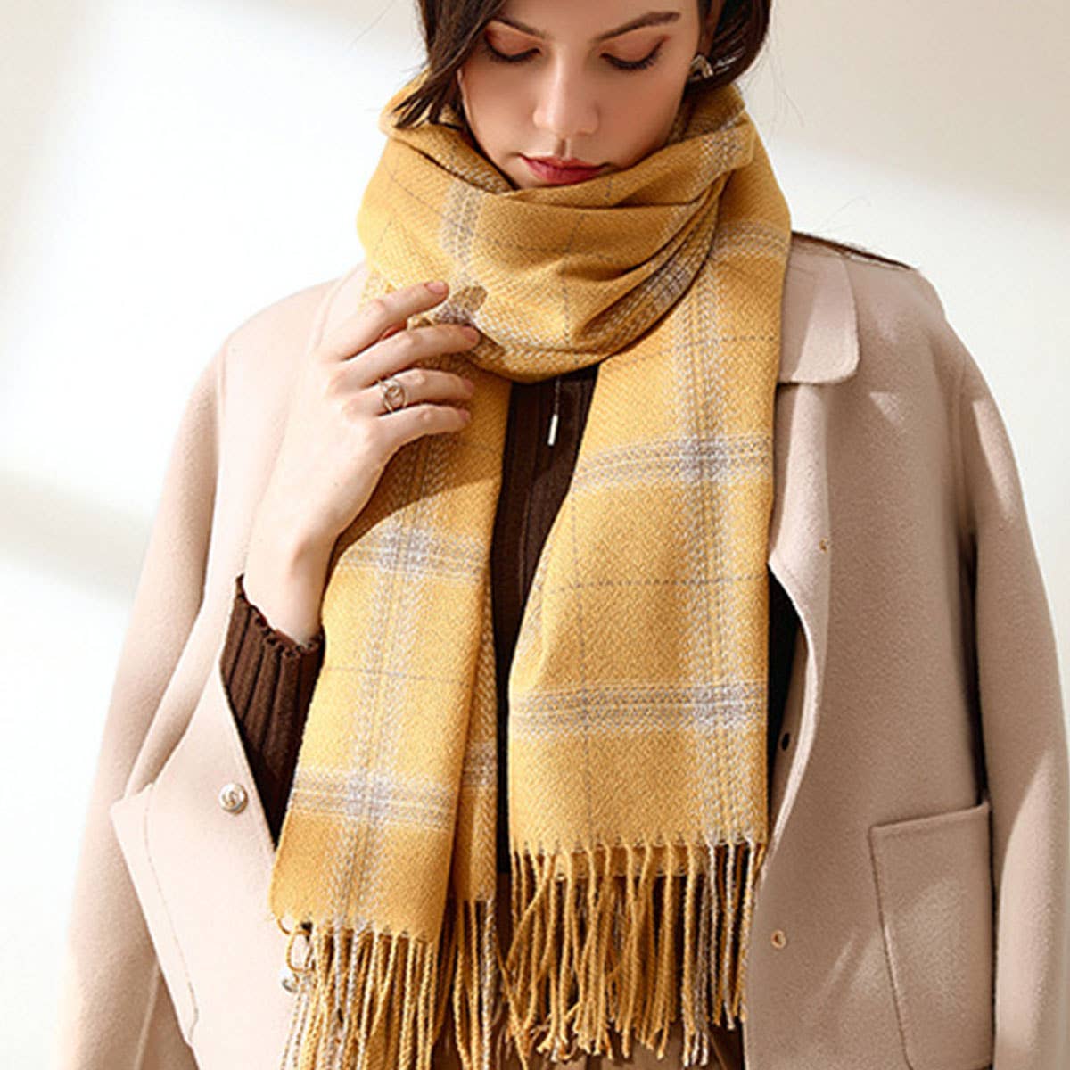 Plaid Faux Cashmere Scarf - Tassel Winter Shawl_CWASC0218