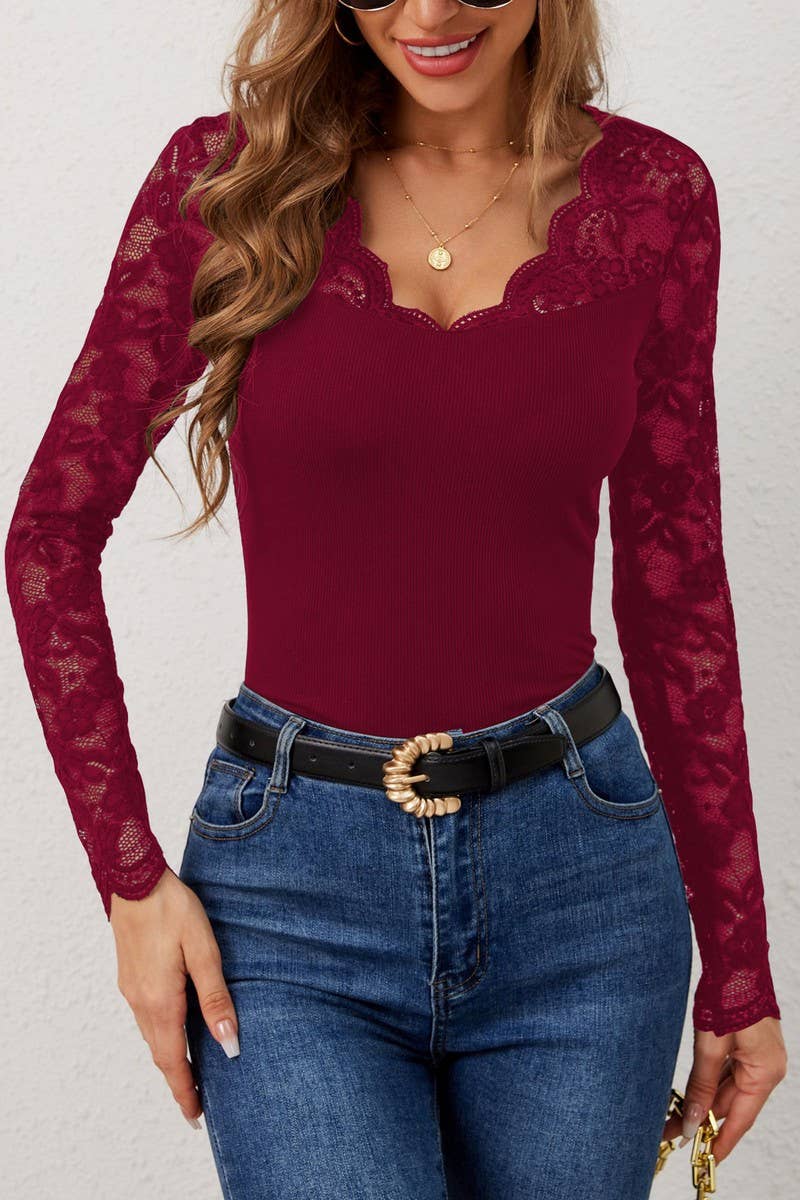 CWTBLL3476_V-NECK LACE PANEL SLIM-FIT LONG-SLEEVED TOP