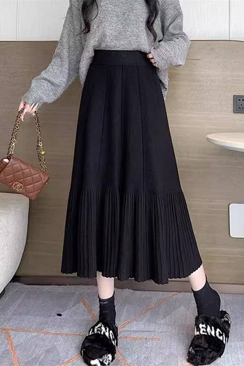 CWBLS0298_SOLID COLOR HIGH WAIST PLEATED KNITTED SKIRT