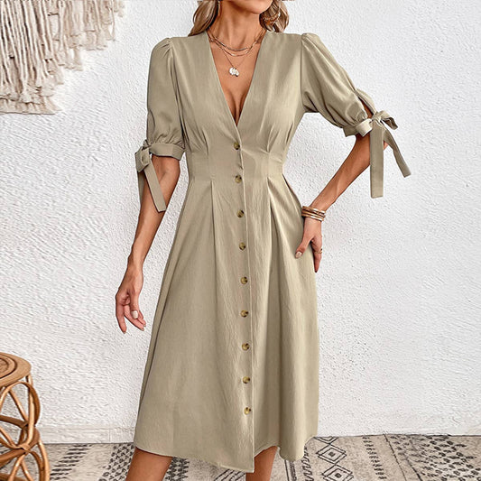 Button-up short sleeve slim V-neck dress