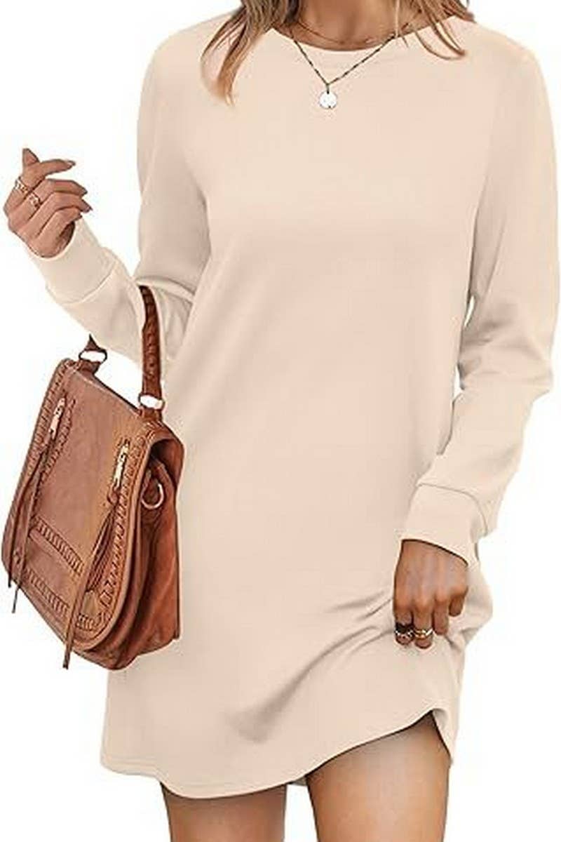 CWDSD8813_ROUND NECK POCKET LONG SLEEVE SWEATER DRESS