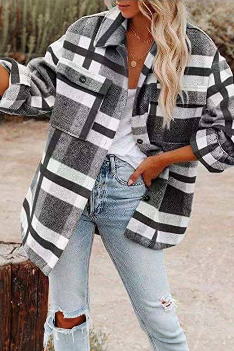 CWOCO0938_LONG-SLEEVED LAPEL LOOSE PLAID THICKENED COAT