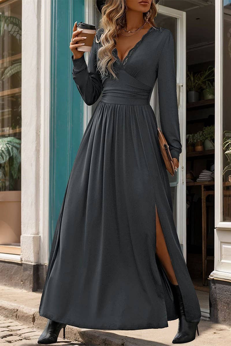 CWDMD3054_SOLID COLOR V-NECK SLIT SLIM LONG SLEEVE DRESS