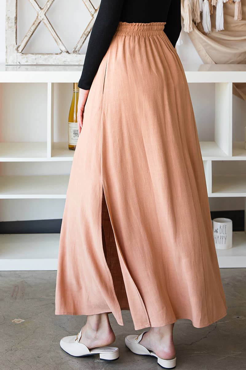 CWBLS092_MAXI SIDE SLIT DETAILED LINEN SKIRT
