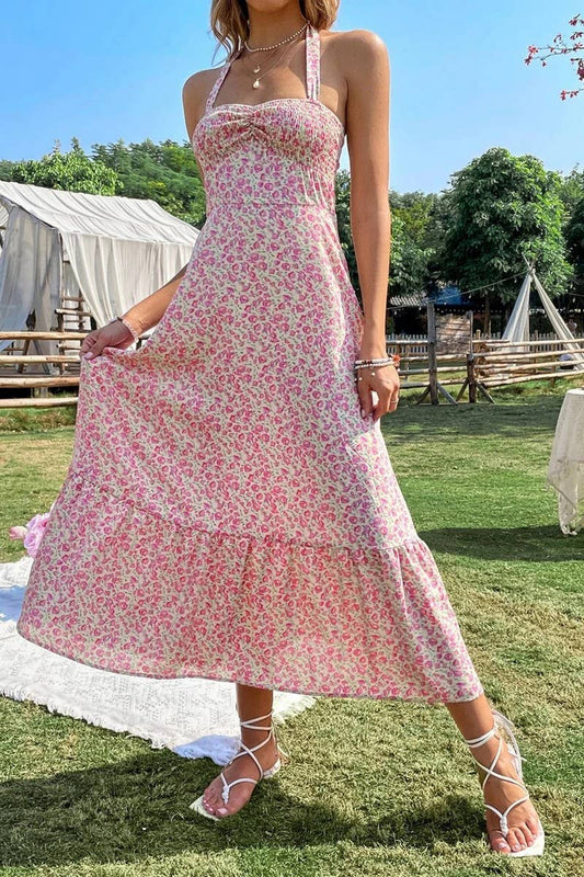 CWDHL0981_FLORAL PRINT TIE SLEEVELESS A-LINE DRESS