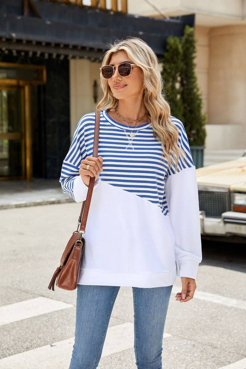 CWTBLL1859_ROUND NECK STRIPED LONG SLEEVE SWEATSHIRT