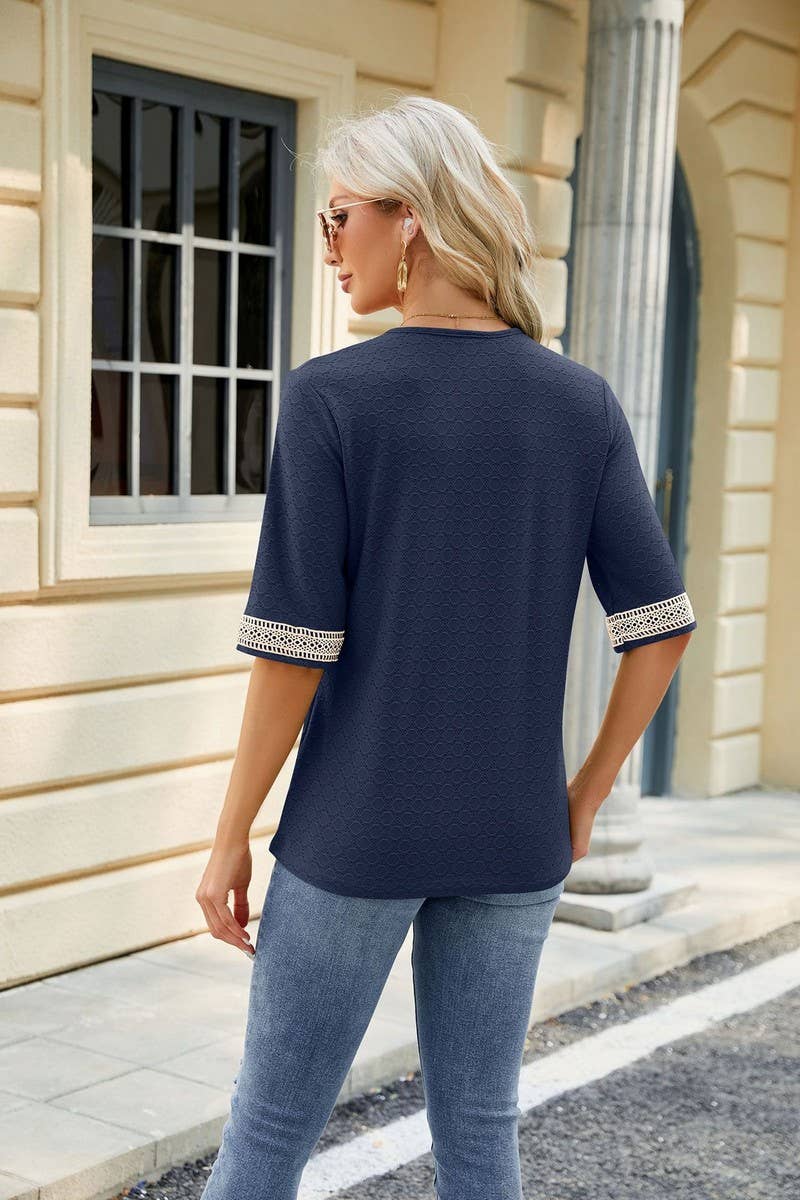 CWTTS0819_V-Neck Lace Trim Short Sleeve Knit Top