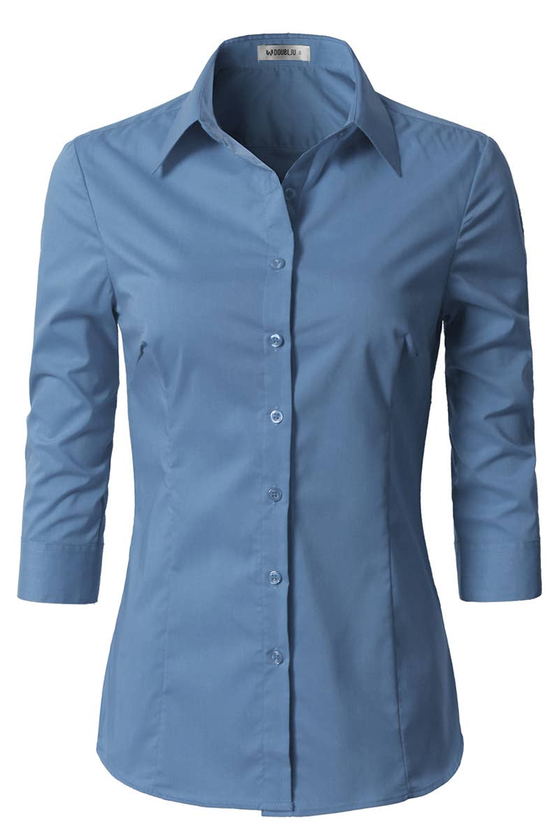 CWTSTS116_Basic Slim Fit Simple 3/4 Sleeve Button Down Shirt