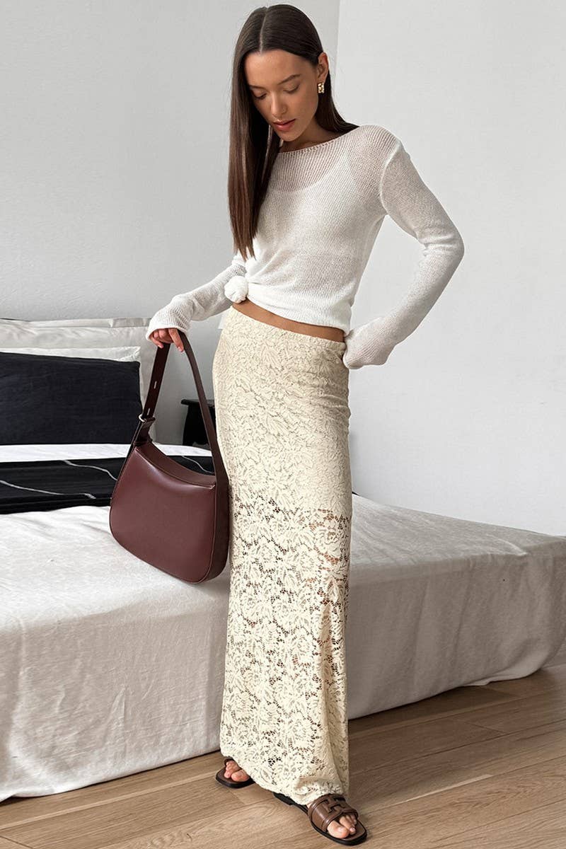 CWBLS143_APRICOT SEE-THROUGH JACQUARD SEXY LACE SKIRT