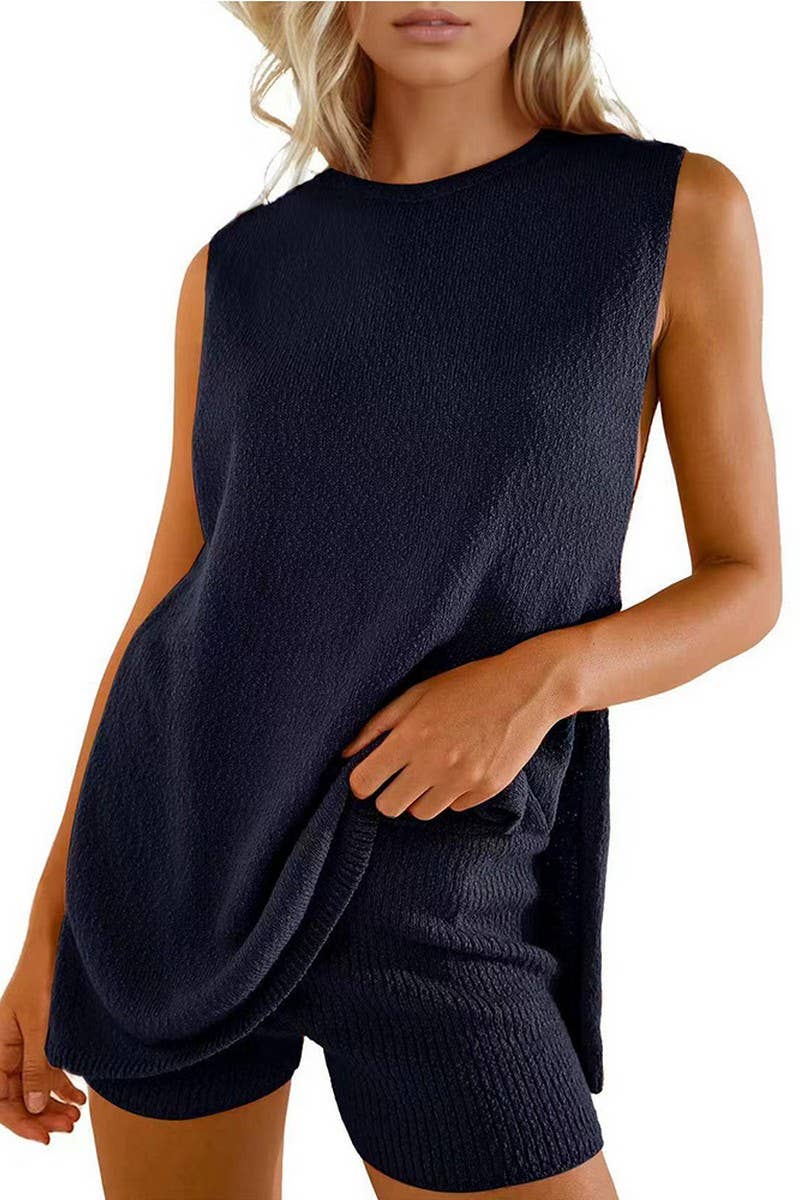 CWSTB1658_SOLID COLOR SLEEVELESS SHORTS KNITTED SUIT