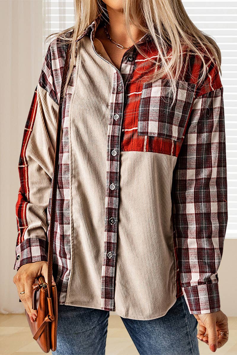CORDUROY CHECK PATCHWORK SINGLE BREASTED SHIRT
