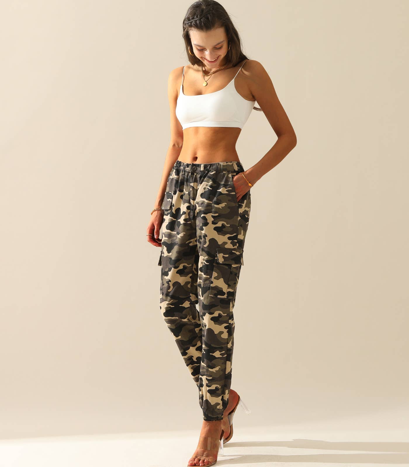 CWBLP400-1_Elastic Waist Camo Cargo Pants Cotton Work Pants