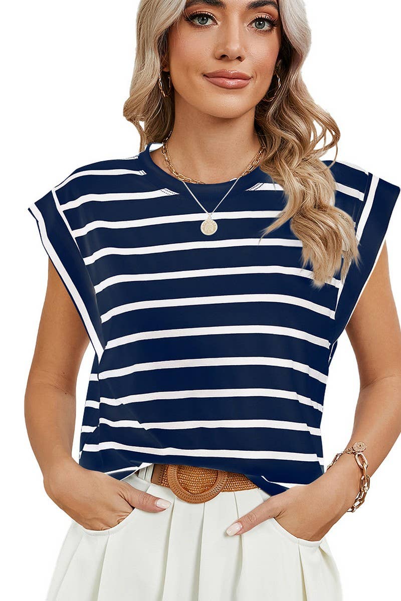 CWTBLS0865_ROUND NECK STRIPED RAGLAN SLEEVE T-SHIR