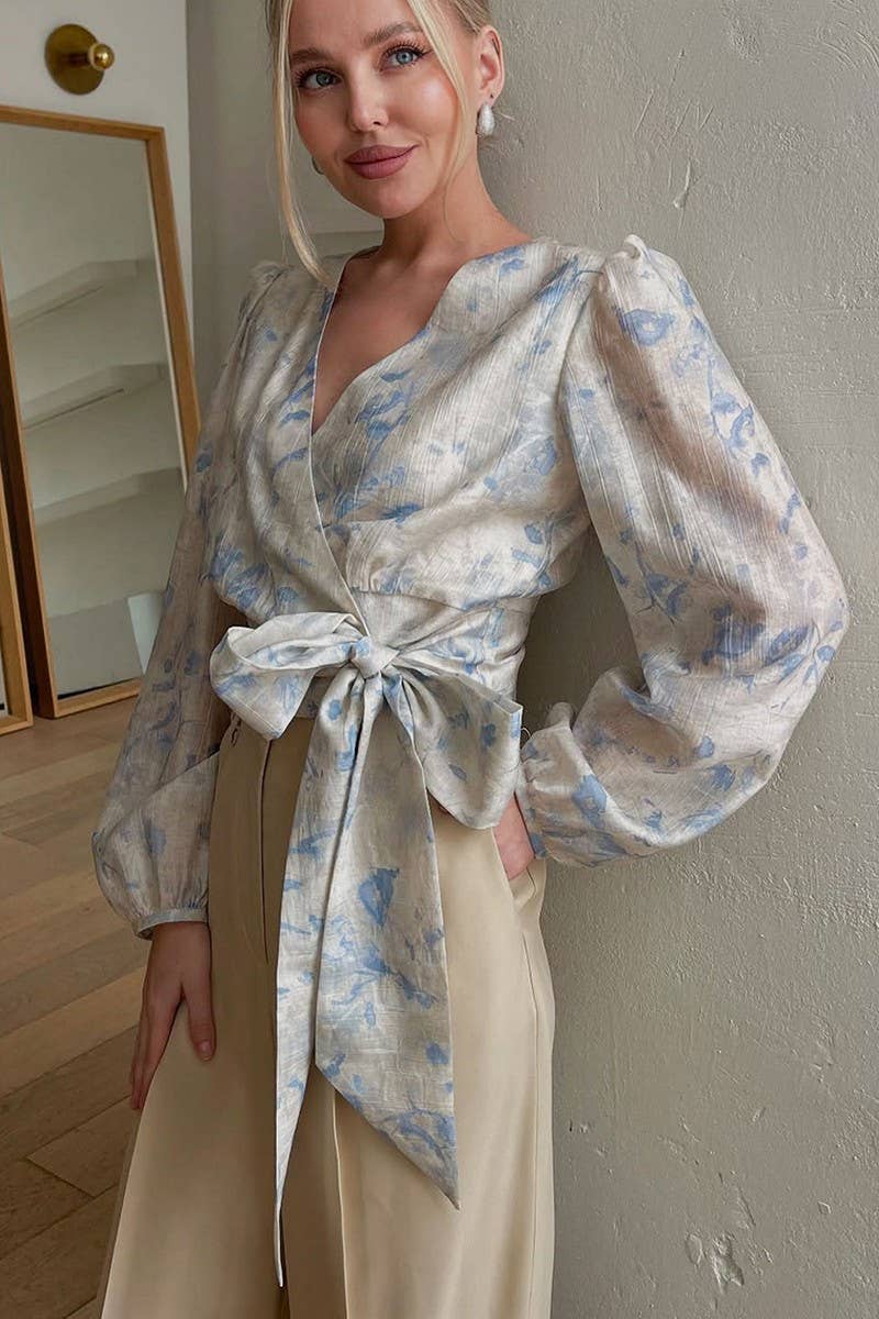 CWTBLL00598_PRINTED V-NECK TIE LONG-SLEEVED SHIRT