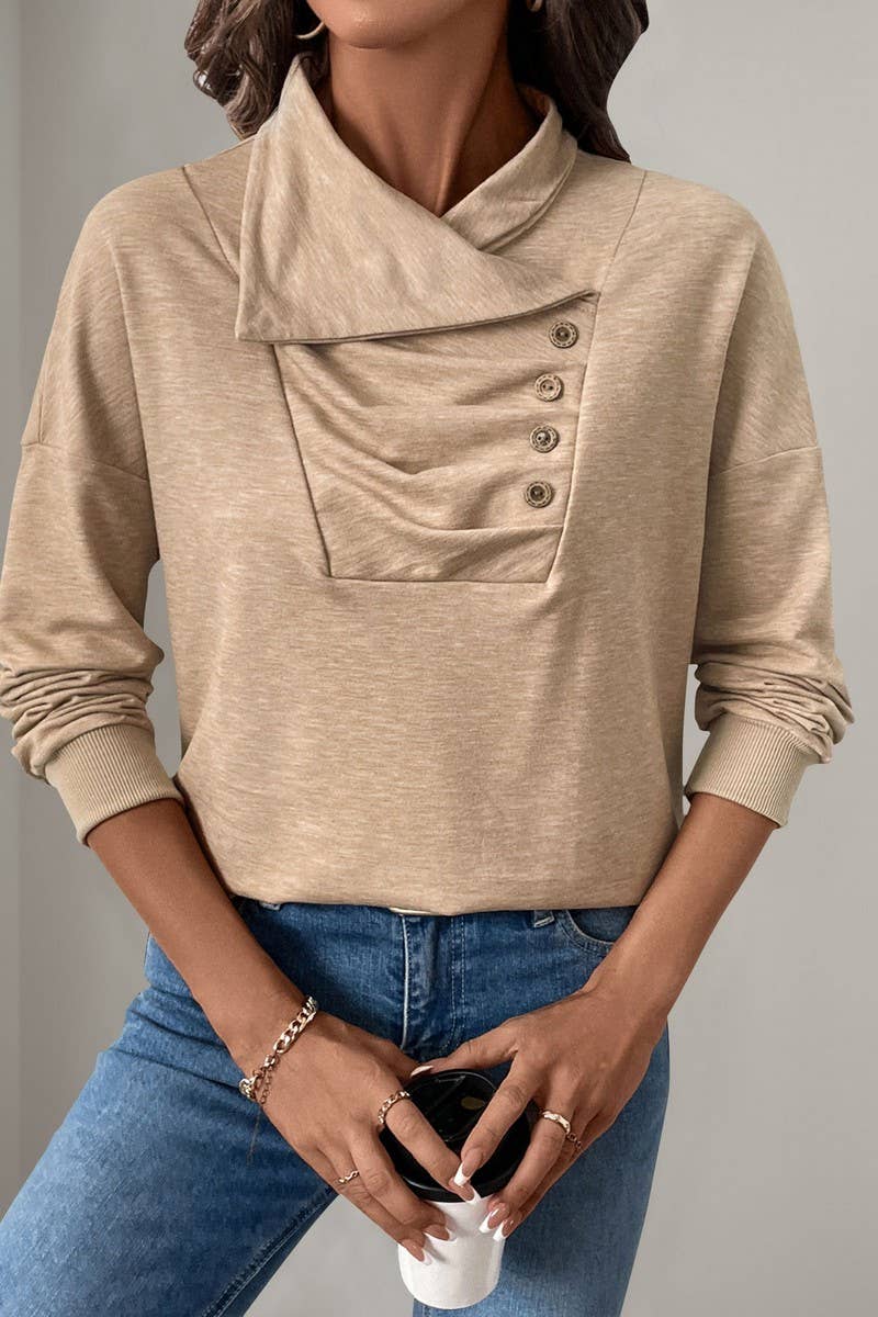 CWTBLL2299_SOLID COLOR PLEATED BUTTON STAND SWEATSHIRT
