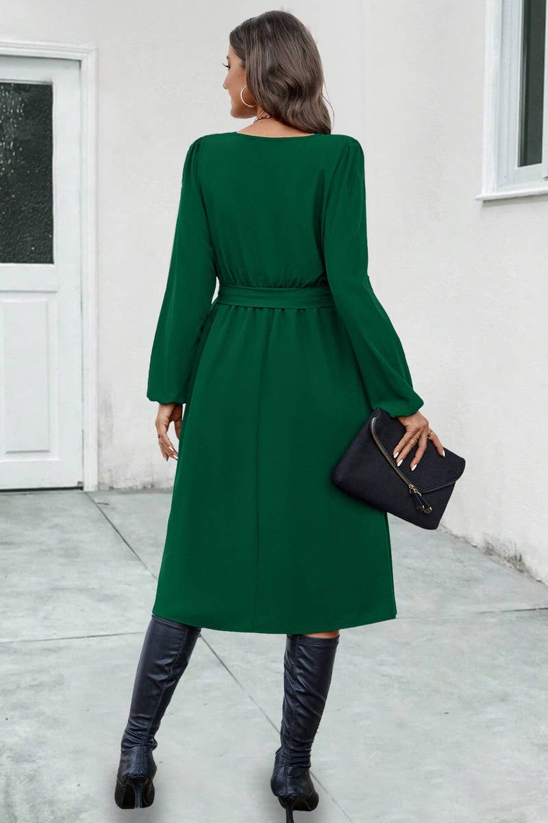 CWDSD4869_IRREGULAR NECKLINE TIE LONG SLEEVE DRESS