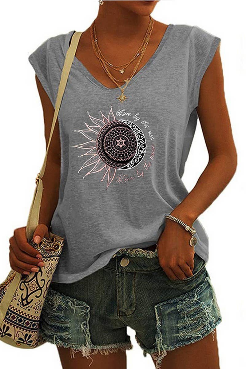CWTTSL0407_V-NECK SUN AND MOON PRINT LOOSE T-SHIRT