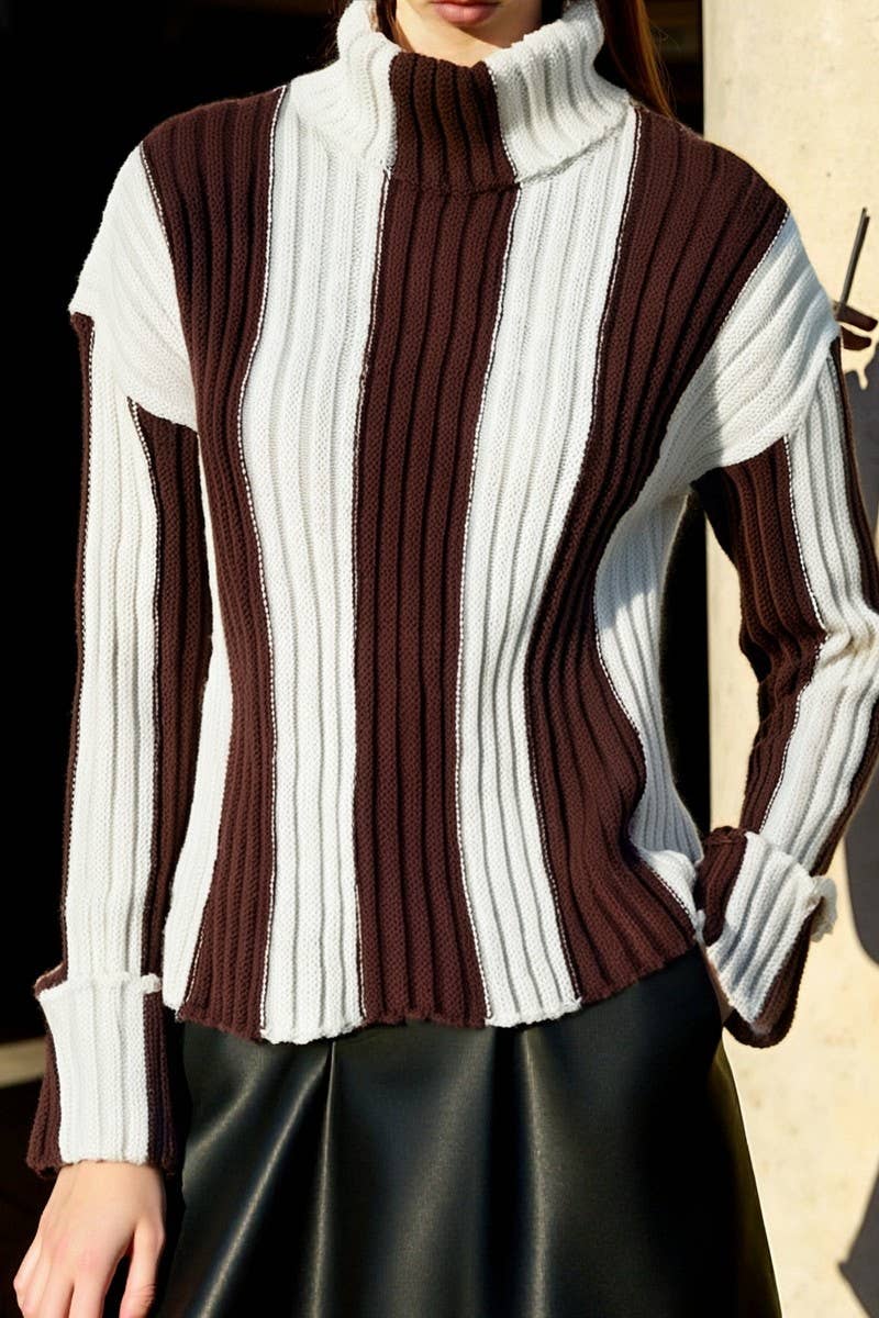 CWOSWL6947_STRIPED KNIT PATCHWORK TURTLENECK SWEATER