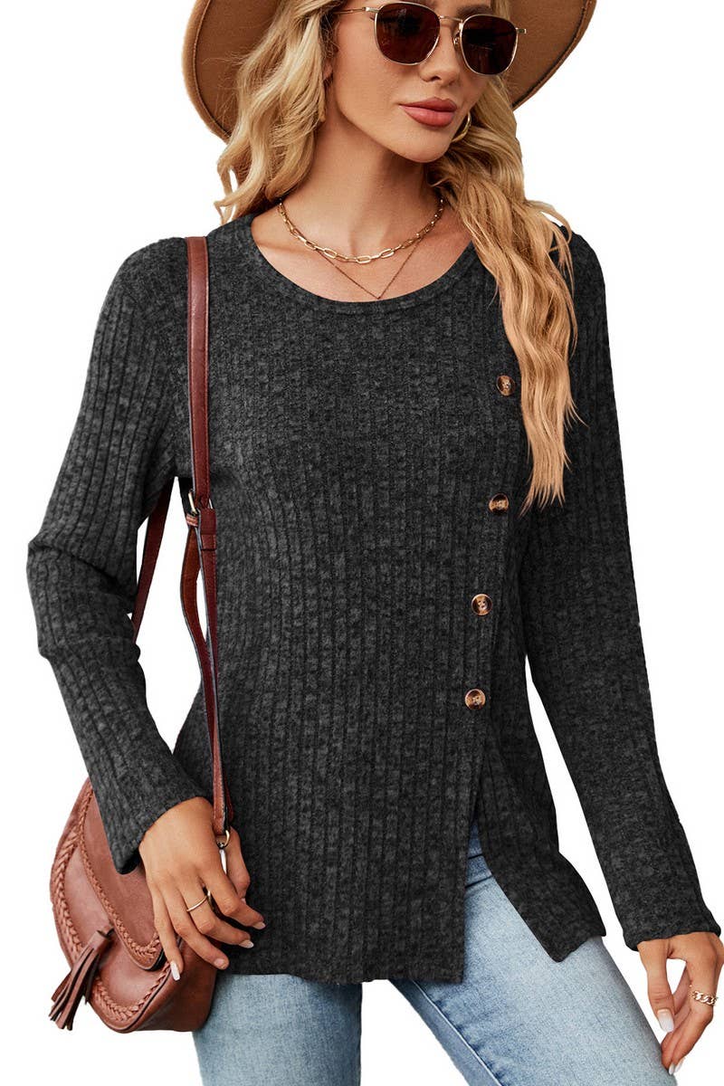 CWTBLL2408_ROUND NECK BUTTON SLIT LOOSE LONG SLEEVE TOP