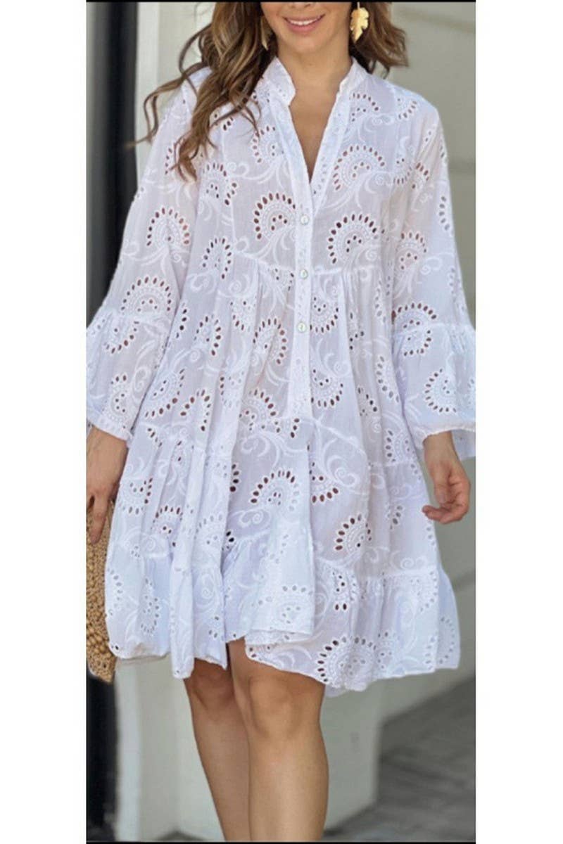 CWDSD8524_SOLID V-NECK EMBROIDERED LACE HOLLOW DRESS