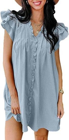 Fashionable V-neck ruffled short-sleeved dress
