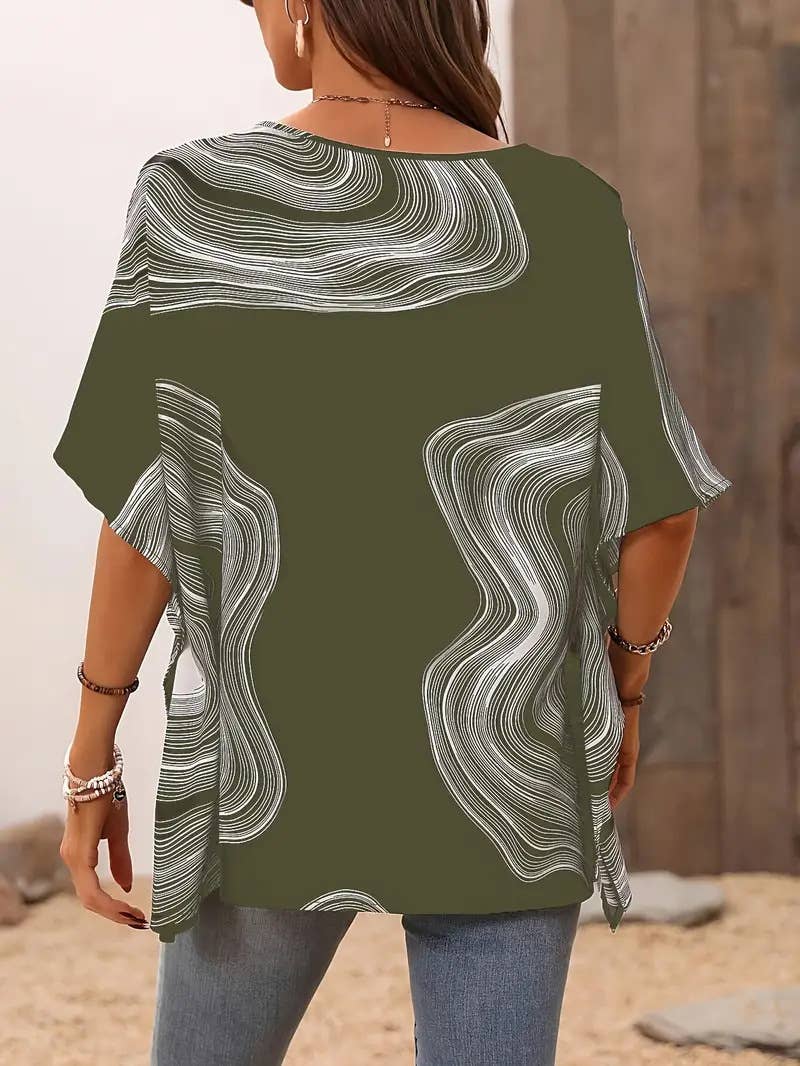Casual printed V-neck loose batsleeve top