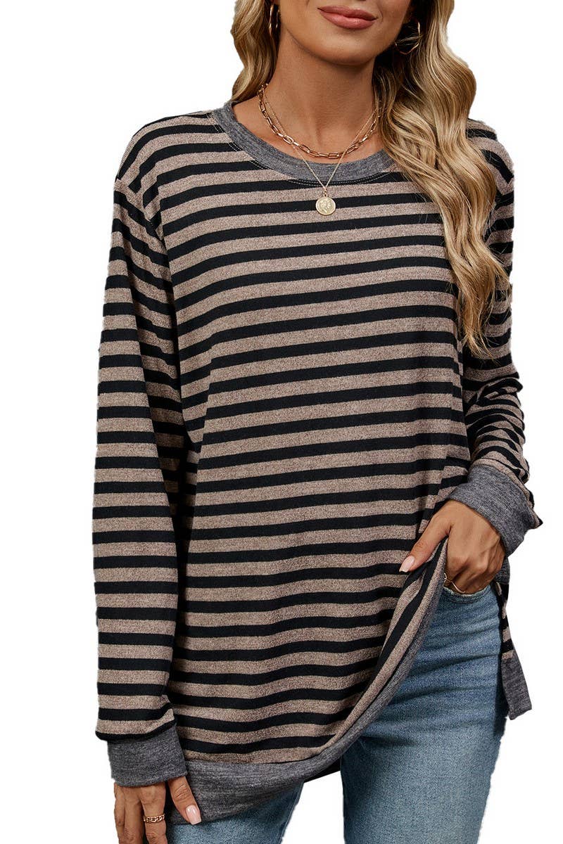 CWTBLL2354_ROUND NECK STRIPED COLORBLOCK LOOSE T-SHIRT TOP