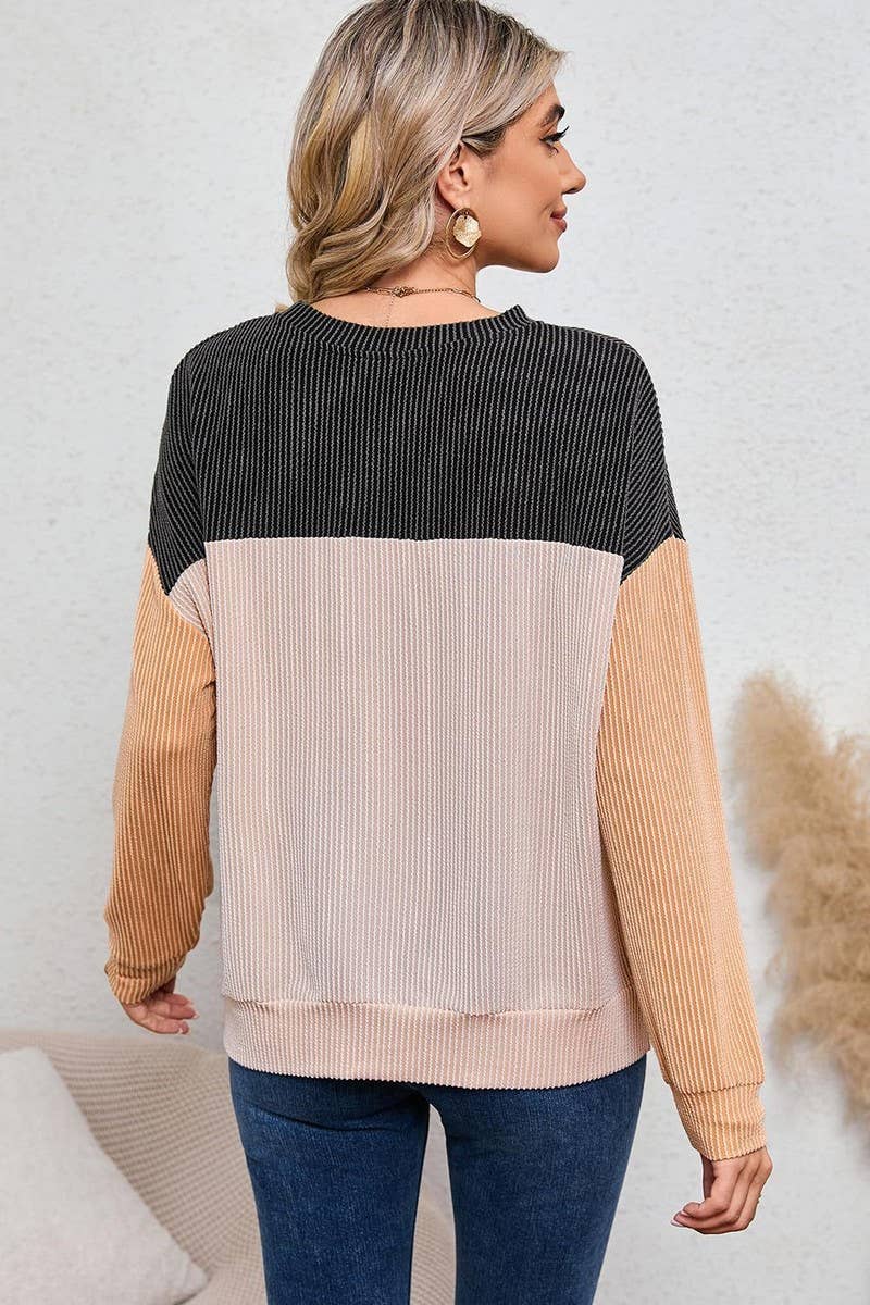 CWTBLL1828_ROUND NECK TWISTED STRIPE COLOR BLOCK LOOSE TOP