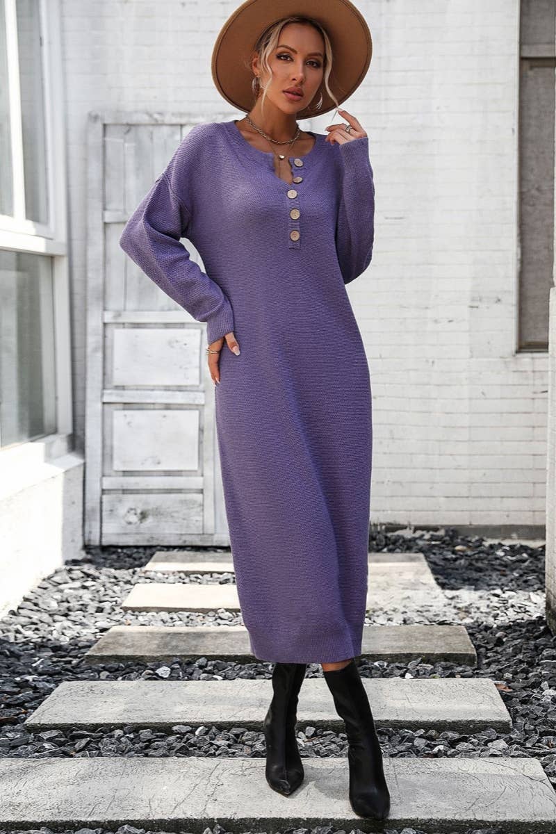 CWDMD538  Long Sleeve Loose V-Neck Button Tops Long Sweater