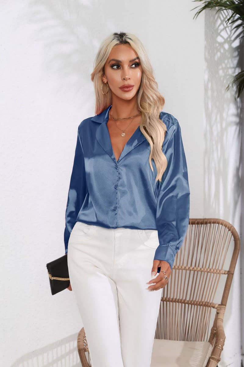 CWTBLL0693_Button Down Silky Satin Long Sleeve Top