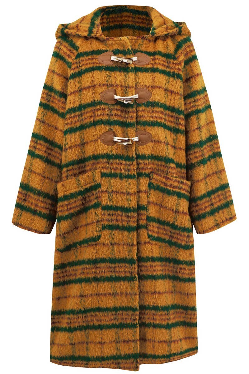 CWOCO0940_HORN BUTTON PLAID HOODED WOOLEN LONG COAT