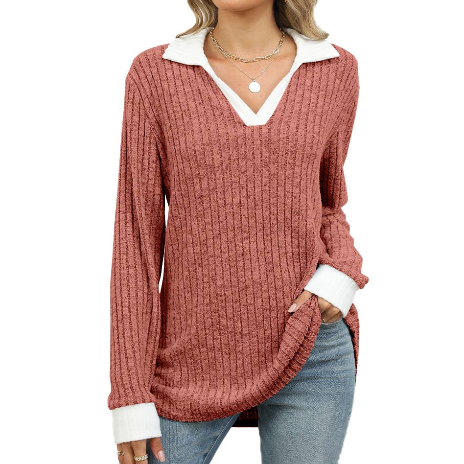 COLOR CONTRAST LAPEL LONG SLEEVE LOOSE T-SHIRT