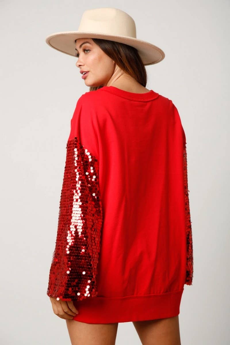 CWTBLL01265_CHRISTMAS SEQUIN SLEEVE PATCH SWEATSHIRT