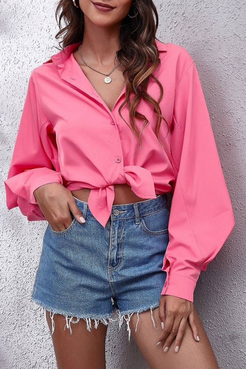 CWTBLL3758_SOLID COLOR LAPEL LANTERN SLEEVE CHIFFON SHIRT