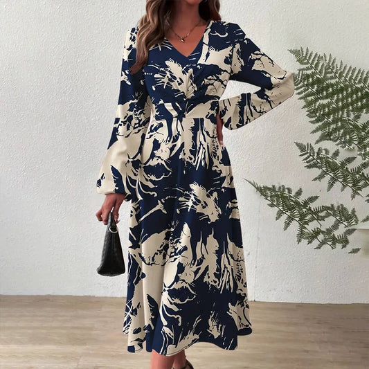 Cinched waist V-neck elegant printed long dress