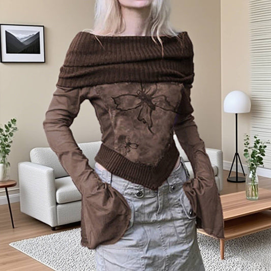 Dark retro printed flared sleeve T-shirt