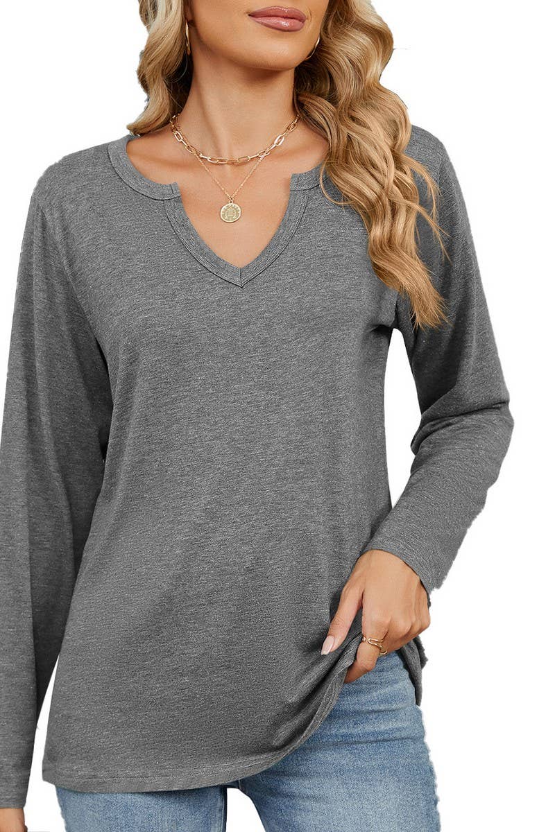 CWTBLL2369_V-NECK SOLID COLOR LOOSE LONG-SLEEVED T-SHIRT
